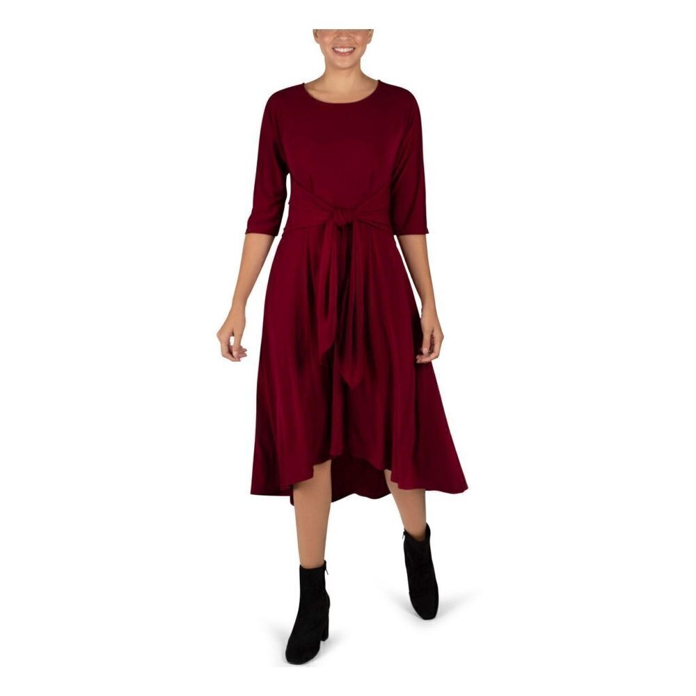 SIGNATURE BY ROBBIE BEE burgandy 1X slinky dress Stretch 3/4 Sleeve Round Neck